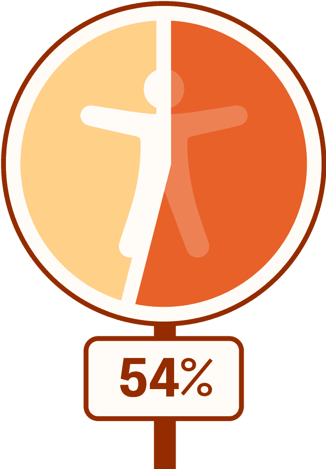 Pie chart representing 54%. The pie chart is in the shape of a circular road sign, with the accessibility icon in the center of the circle.