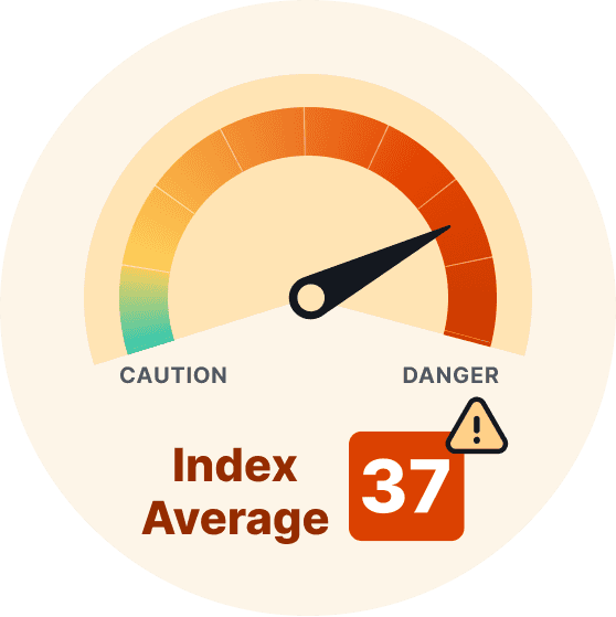 A car gauge representing an index score of 37. The gauge shows that an index score of 37 is a serious problem.